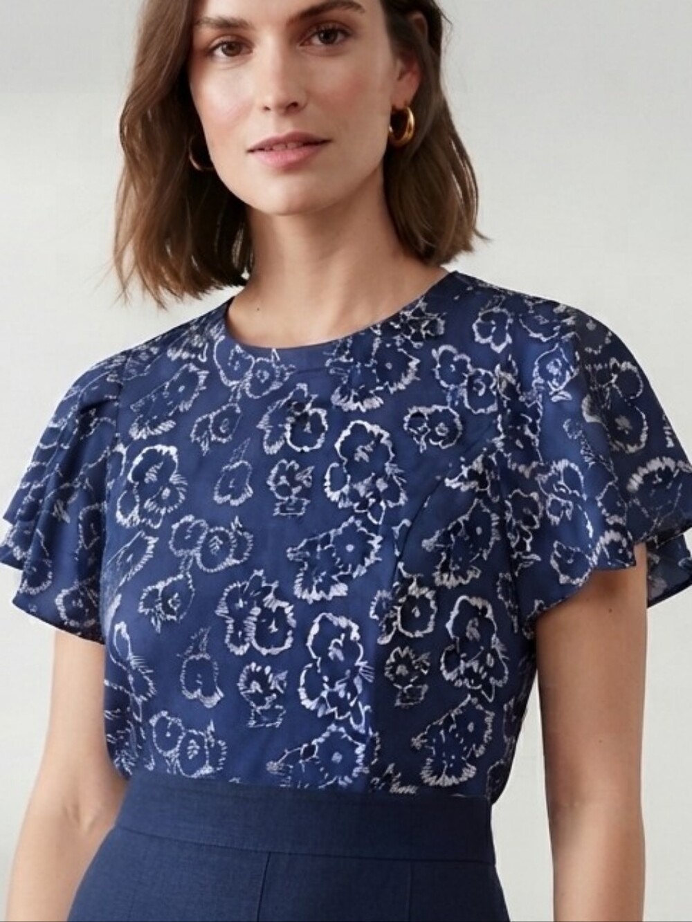 NEW Banana Republic BR Elegant Navy Floral Flutter-Sleeve Top Blouse Sz 14P